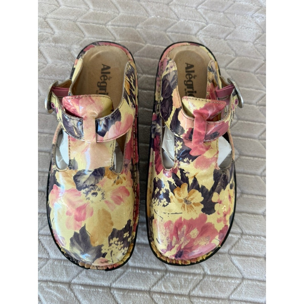 Alegria Clogs Sz 37 EU 7/7.5 US Floral Leather Buckle Nursing Shoes Mules Clogs